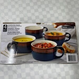 Home Essentials Gradient Oversized Soup Mugs Set in Blue and Brown Stoneware NIB